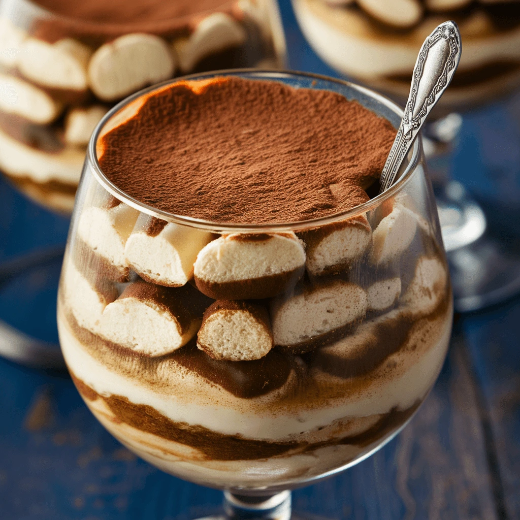 Layered tiramisu in verrines topped with grated chocolate and chocolate pieces on a dark wooden surface.