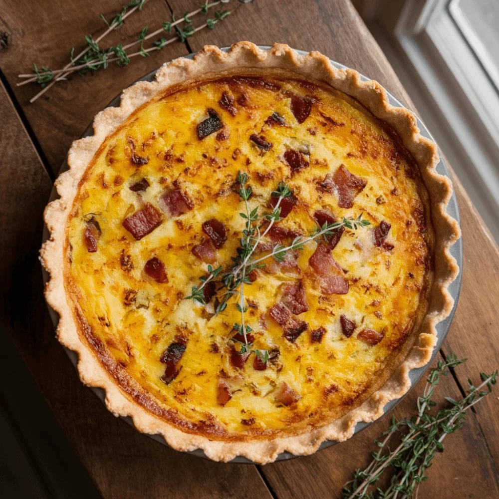 homemade quiche with ham and cheese.