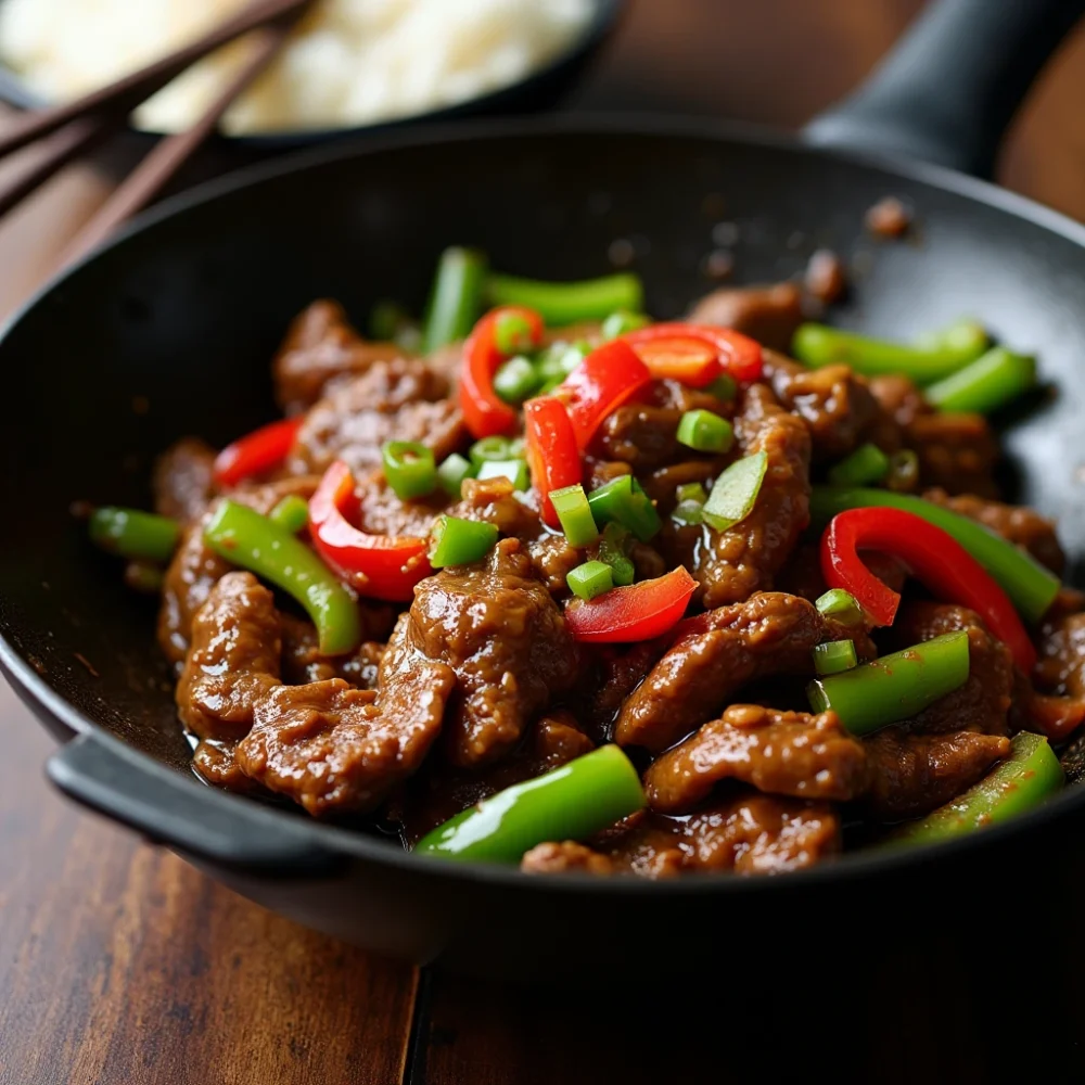 Chinese Pepper Steak with Onions in a savory brown sauce, served with bell peppers and onions in a black wok.