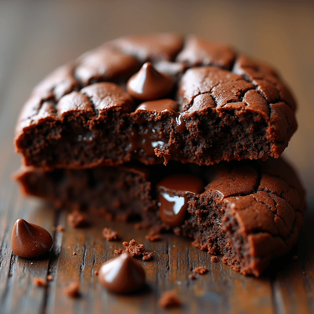 Close-up of a chocolate brownie cookie with melted chocolate chips and a soft, fudgy center.