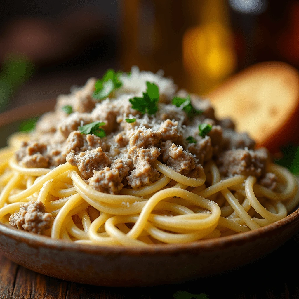 A bowl of creamy Ground Beef Alfredo Pasta garnished with fresh parsley and Parmesan cheese.