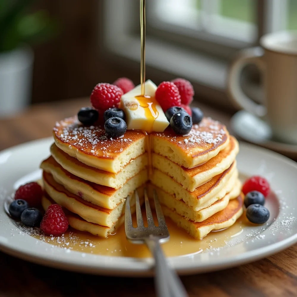 A stack of golden brown gluten-free pancakes topped with fresh berries, butter, and drizzled with maple syrup.