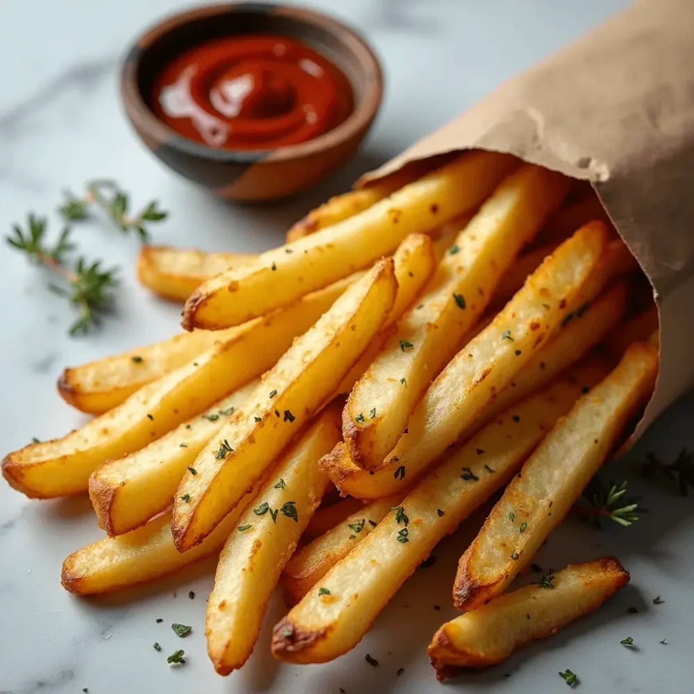 A plate of golden, crispy homemade French fries.