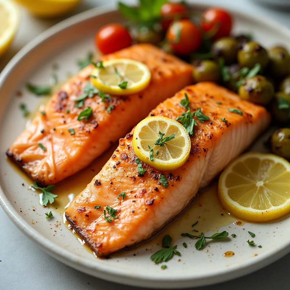 A perfectly baked salmon fillet garnished with fresh herbs and lemon slices, served on a white plate.