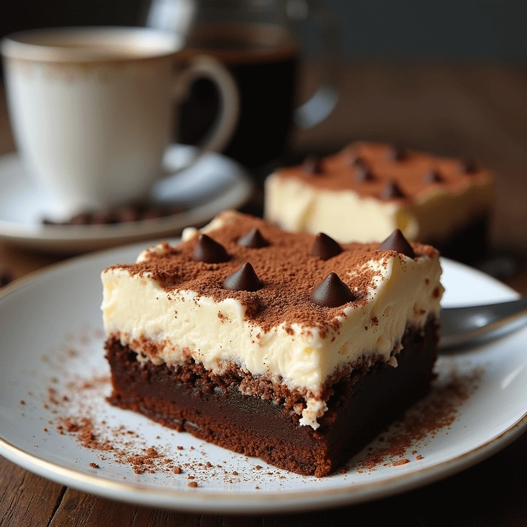 A rich and creamy Tiramisu Brownie topped with mascarpone, cocoa powder, and chocolate chips, served on a white plate with a cup of coffee in the background.