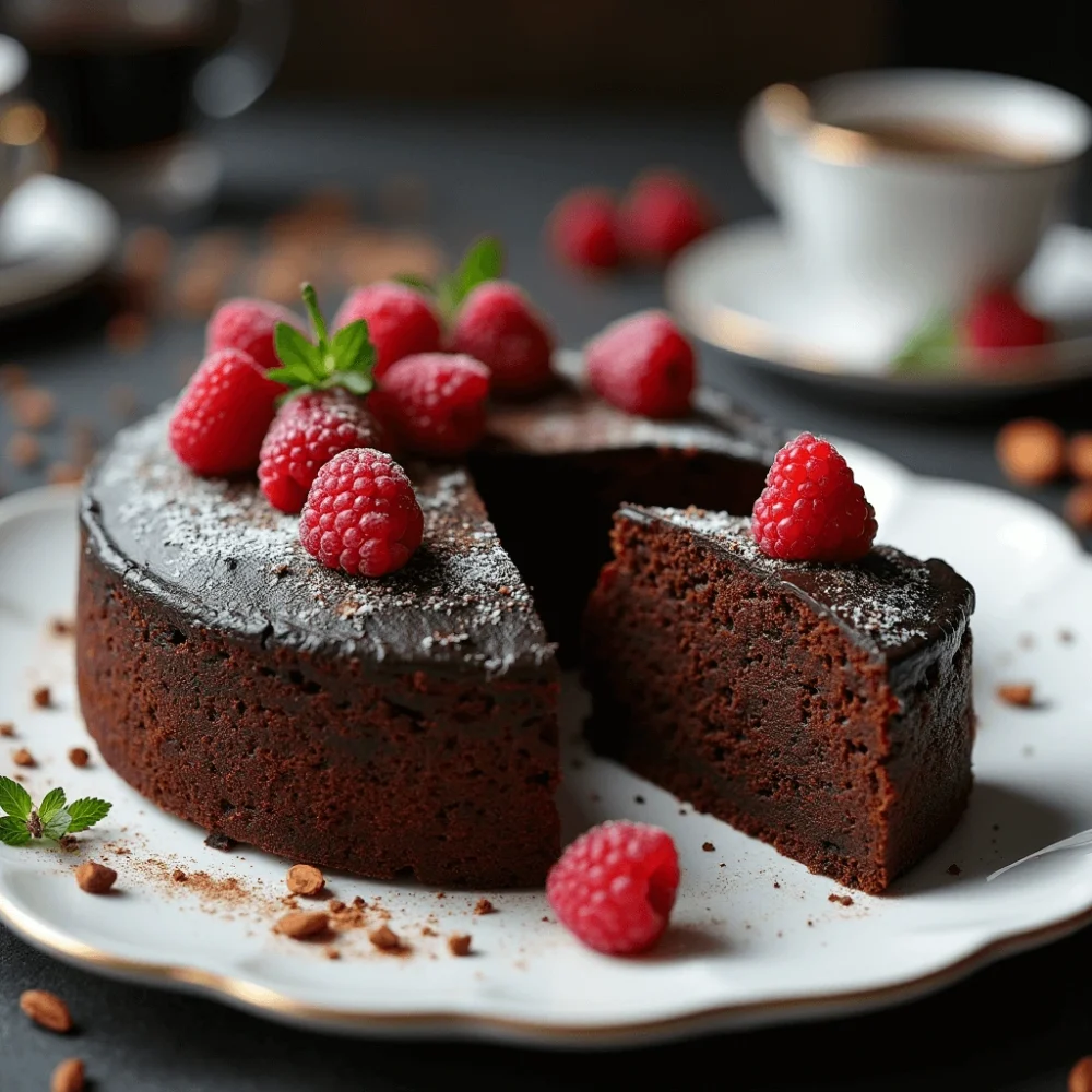 Flourless chocolate cake topped with fresh raspberries on a white plate