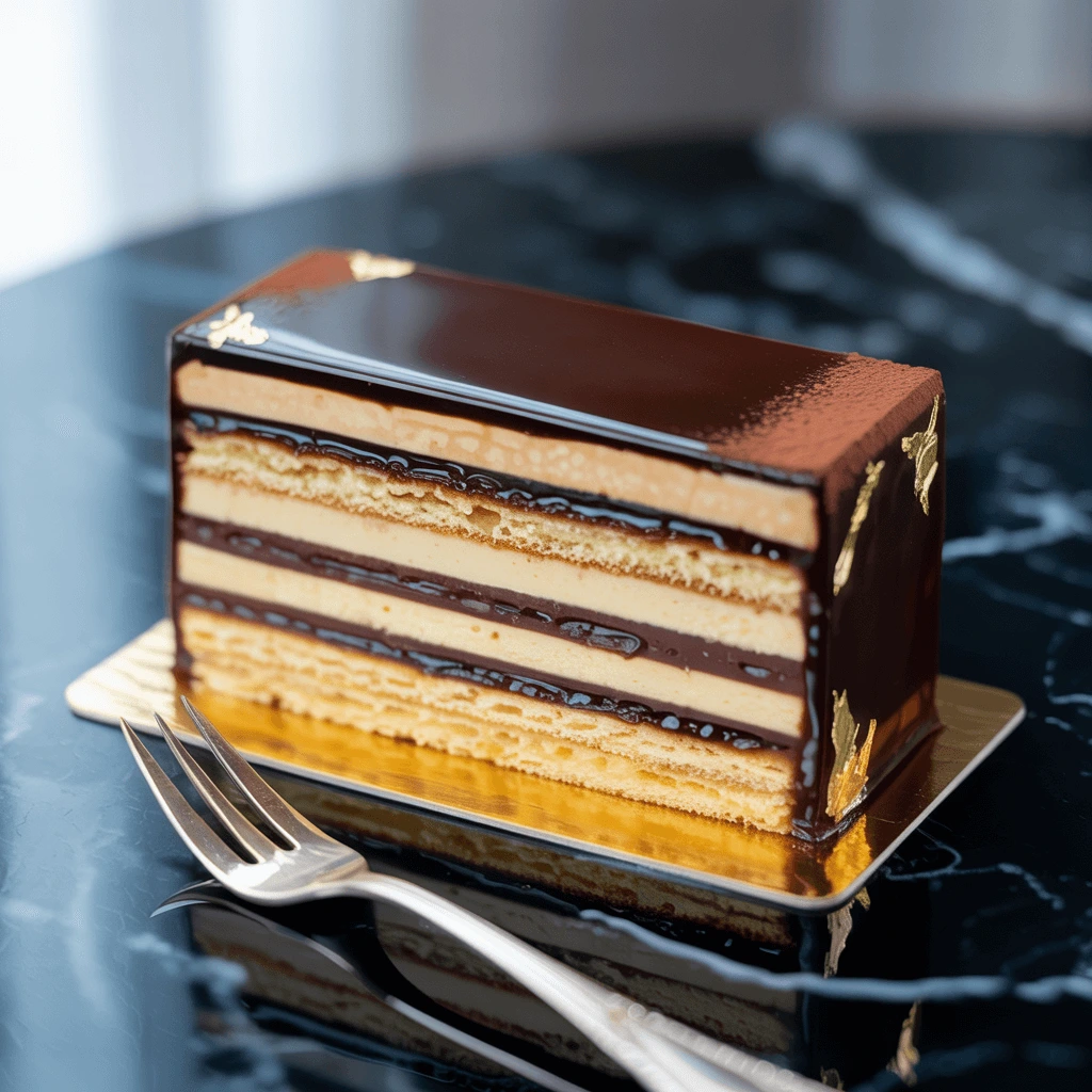 Perfectly layered Opera Cake with coffee buttercream and chocolate ganache
