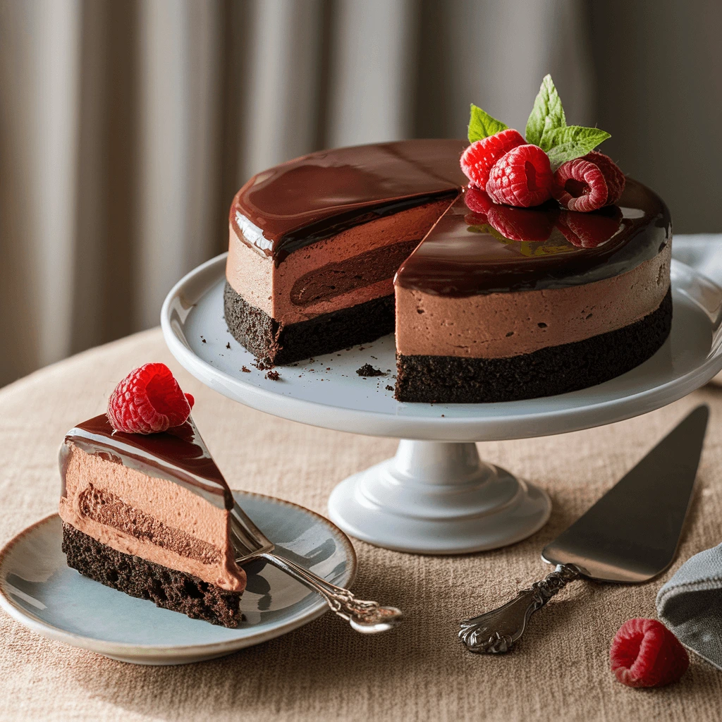 A rich, no-bake chocolate cake with a glossy chocolate ganache on top, decorated with fresh raspberries and mint leaves. A slice is served on a plate with a raspberry garnish.