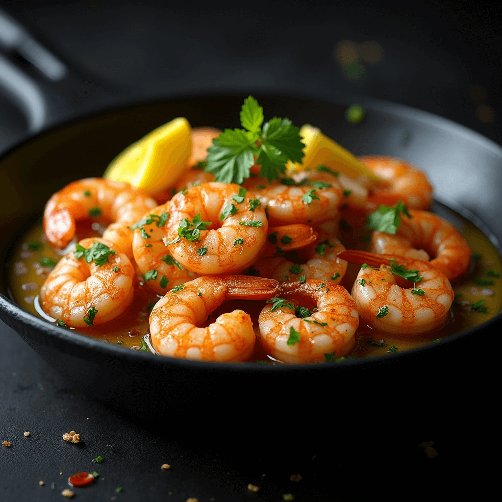 shot of Lemon Garlic Shrimp Skillet in a black skillet with vibrant pink shrimp, lemon slices, green herbs, garlic chunks, and a bubbling butter sauce.