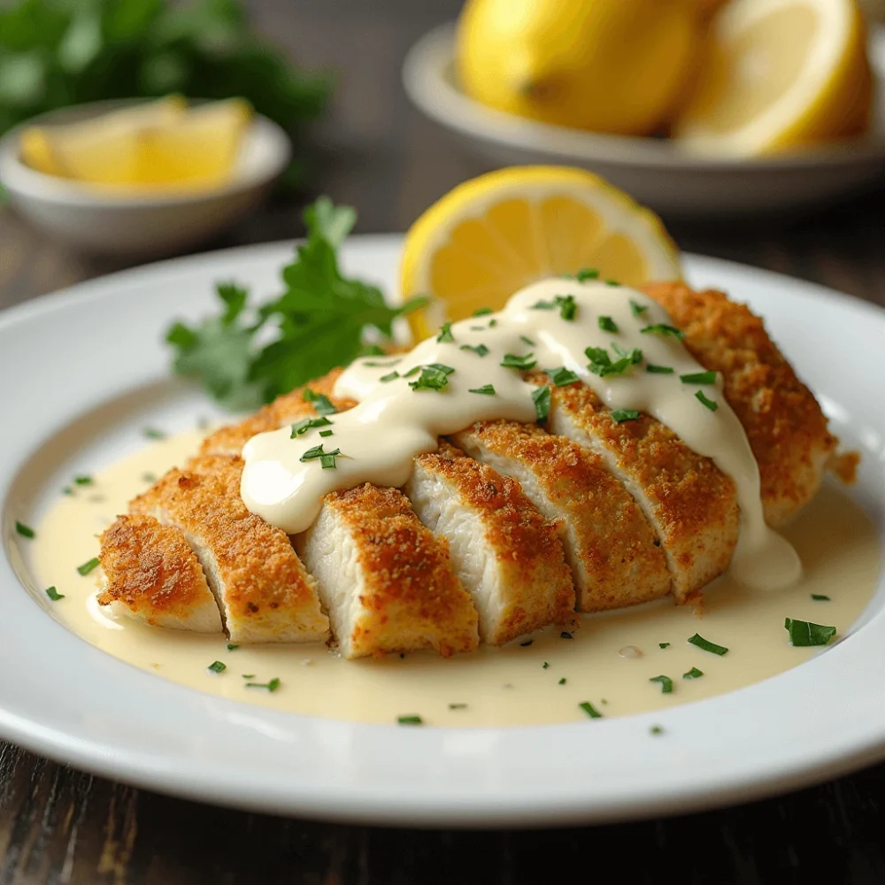Parmesan-crusted chicken breast sliced and topped with creamy garlic sauce, garnished with parsley and a lemon wedge.