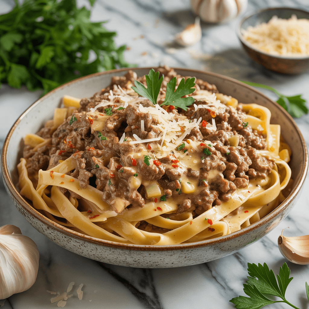 A close-up of beef pasta in creamy garlic sauce, served in a black ceramic bowl, garnished with fresh parsley.