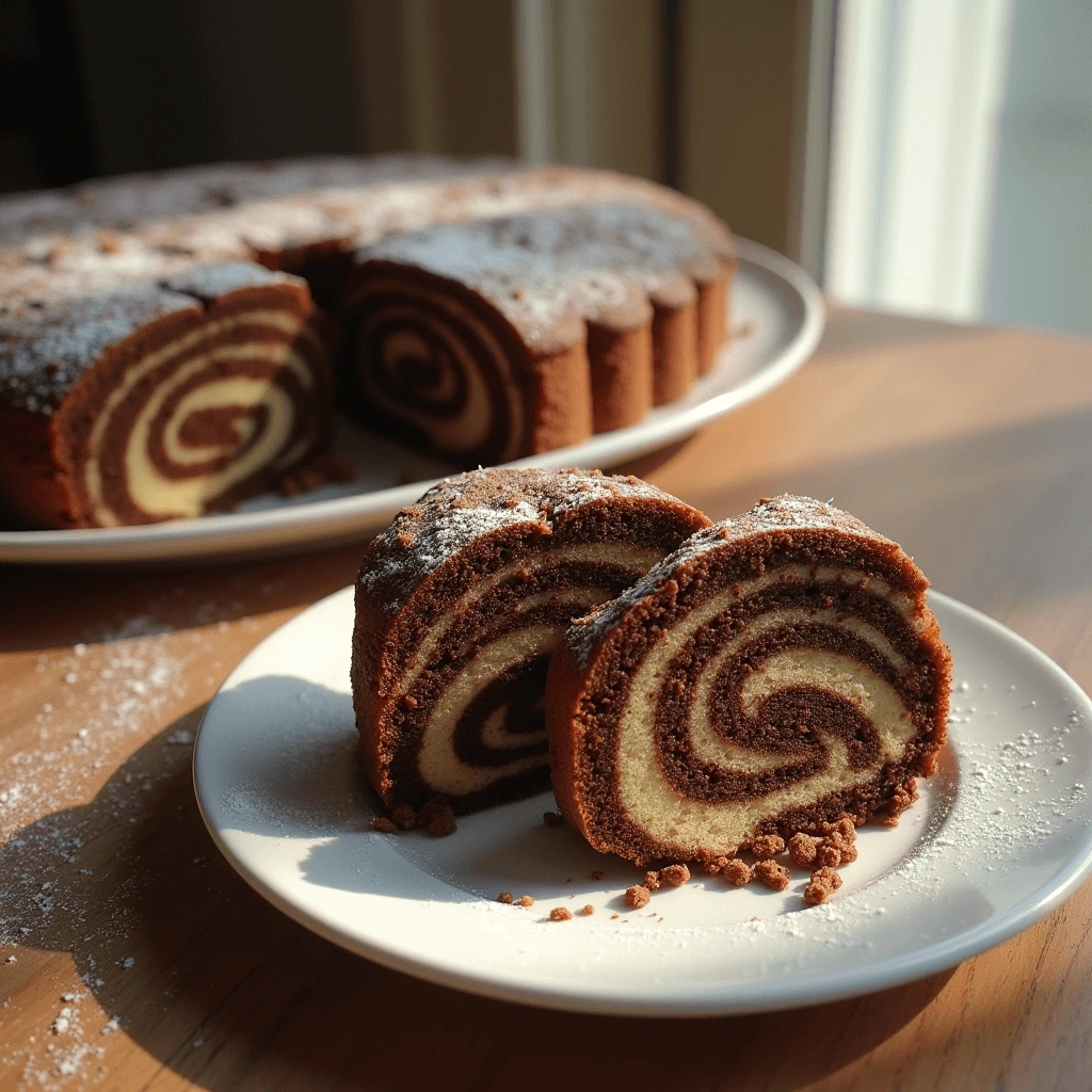 Moist marble cake with chocolate-vanilla swirls dusted with powdered sugar