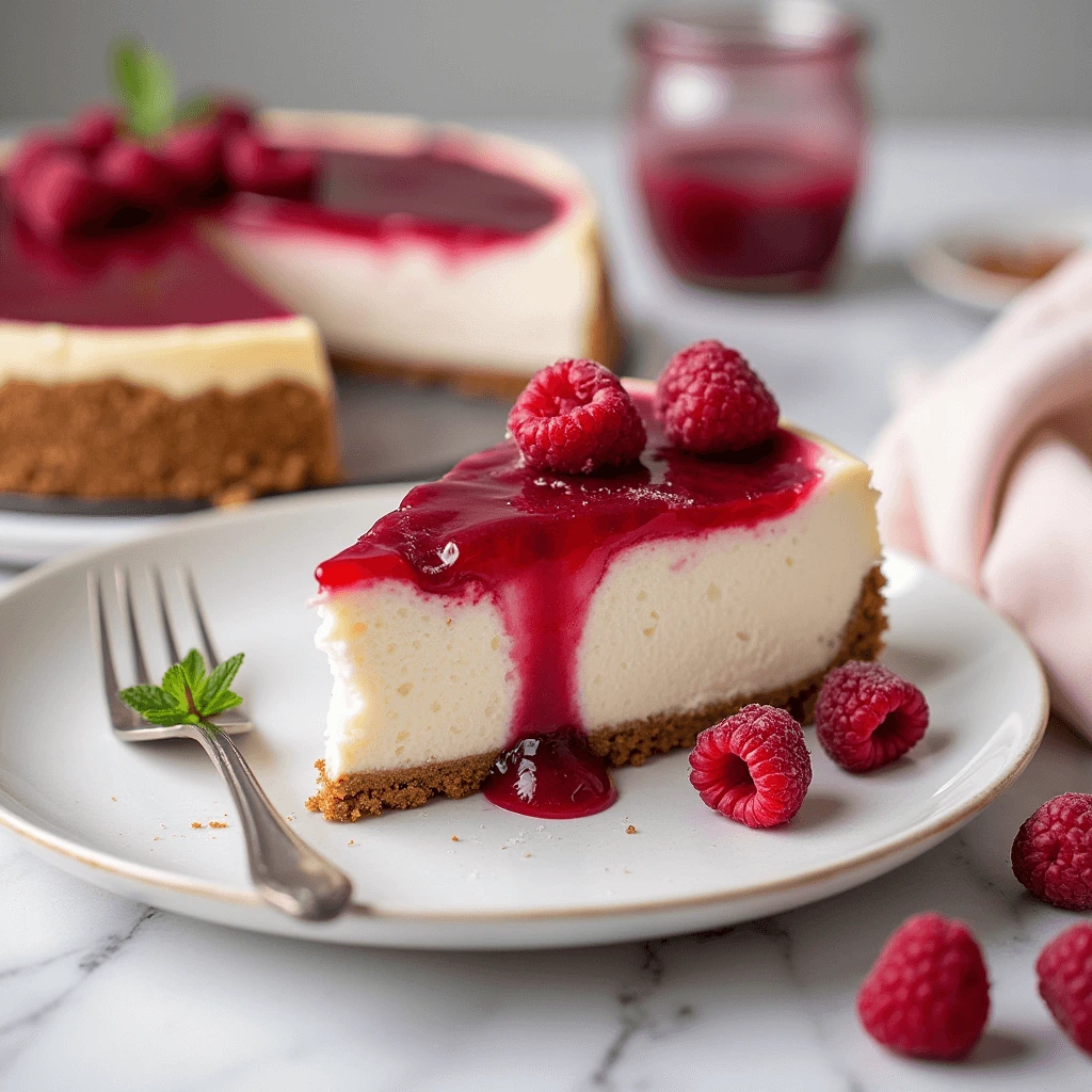 Slice of no-bake raspberry cheesecake with a graham cracker crust, topped with raspberry sauce and fresh raspberries.