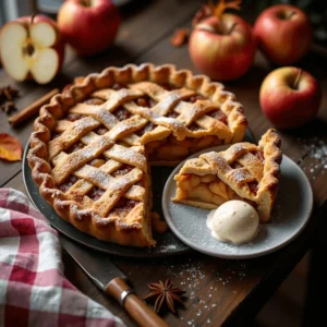 Classic homemade apple pie with a golden lattice crust, dusted with powdered sugar, served with a scoop of vanilla ice cream on a rustic wooden table. Fresh apples and cinnamon sticks in the background add warmth.