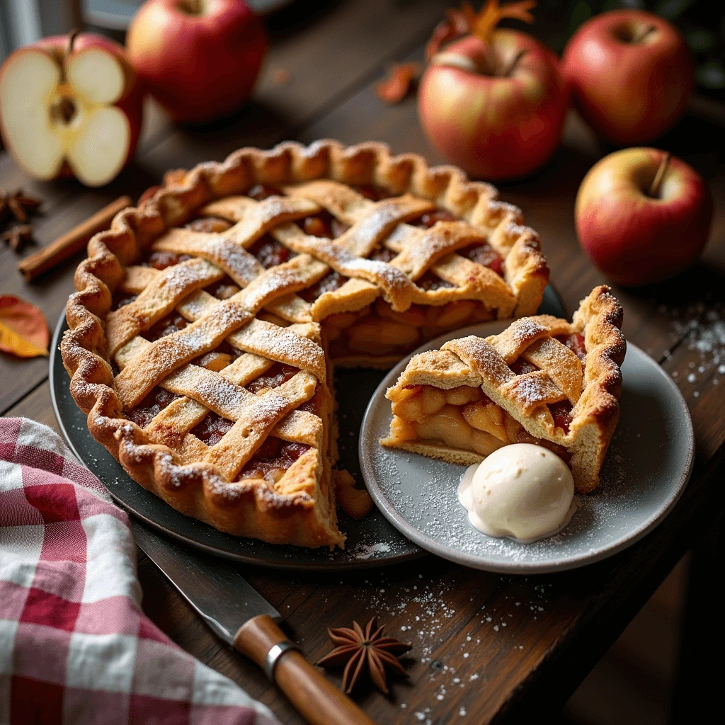 Classic homemade apple pie with a golden lattice crust, dusted with powdered sugar, served with a scoop of vanilla ice cream on a rustic wooden table. Fresh apples and cinnamon sticks in the background add warmth.