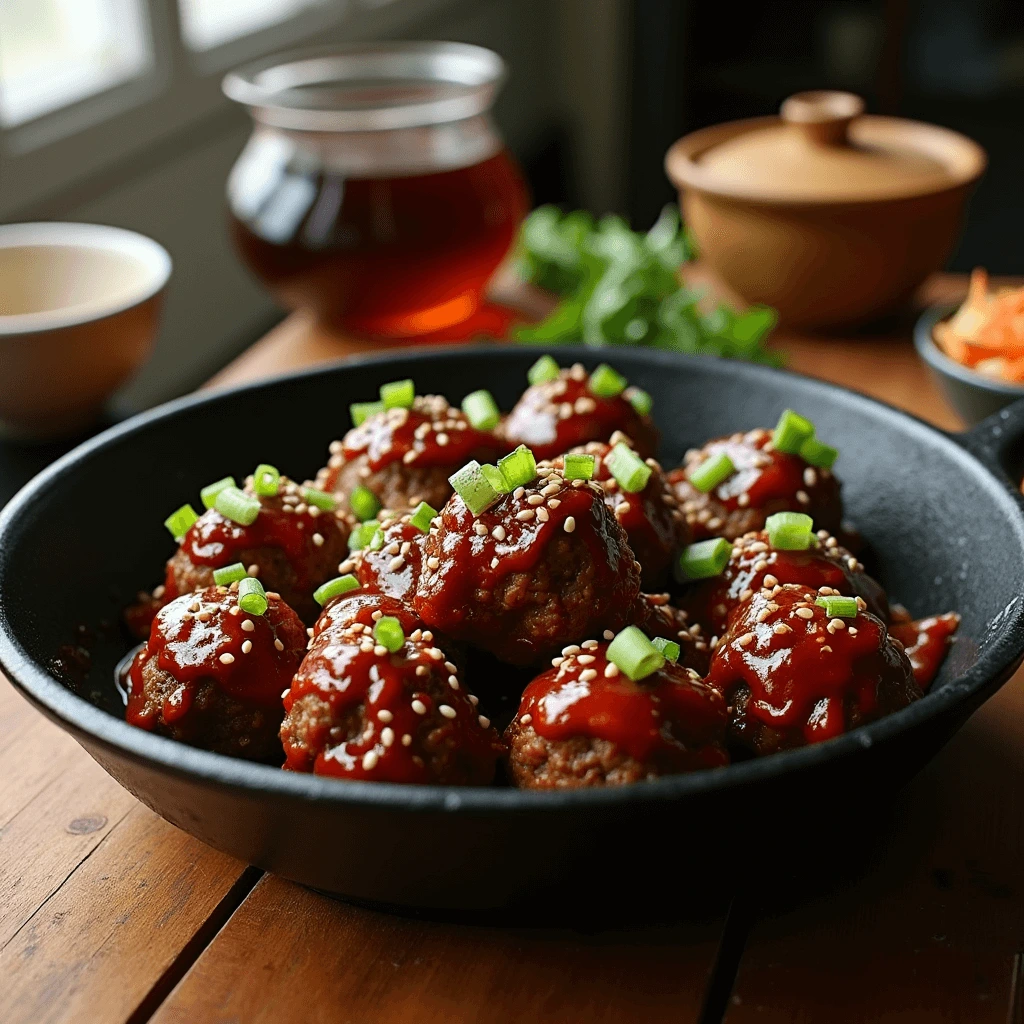 Korean BBQ meatballs in skillet