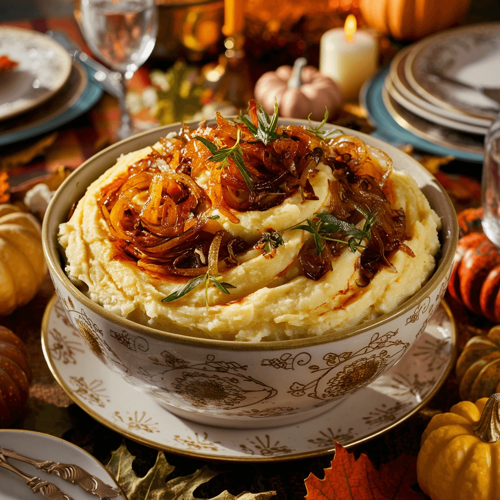 Rustic bowl of caramelized onion mashed potatoes topped with golden onions and fresh herbs, surrounded by autumn-themed table decor.