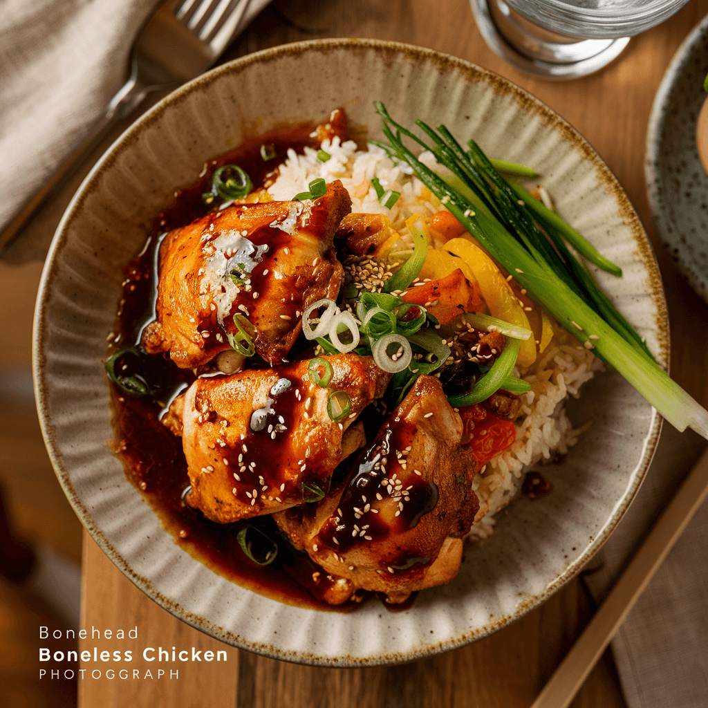 Juicy boneless chicken thighs seared in a skillet, garnished with herbs and served with a side of vegetables.