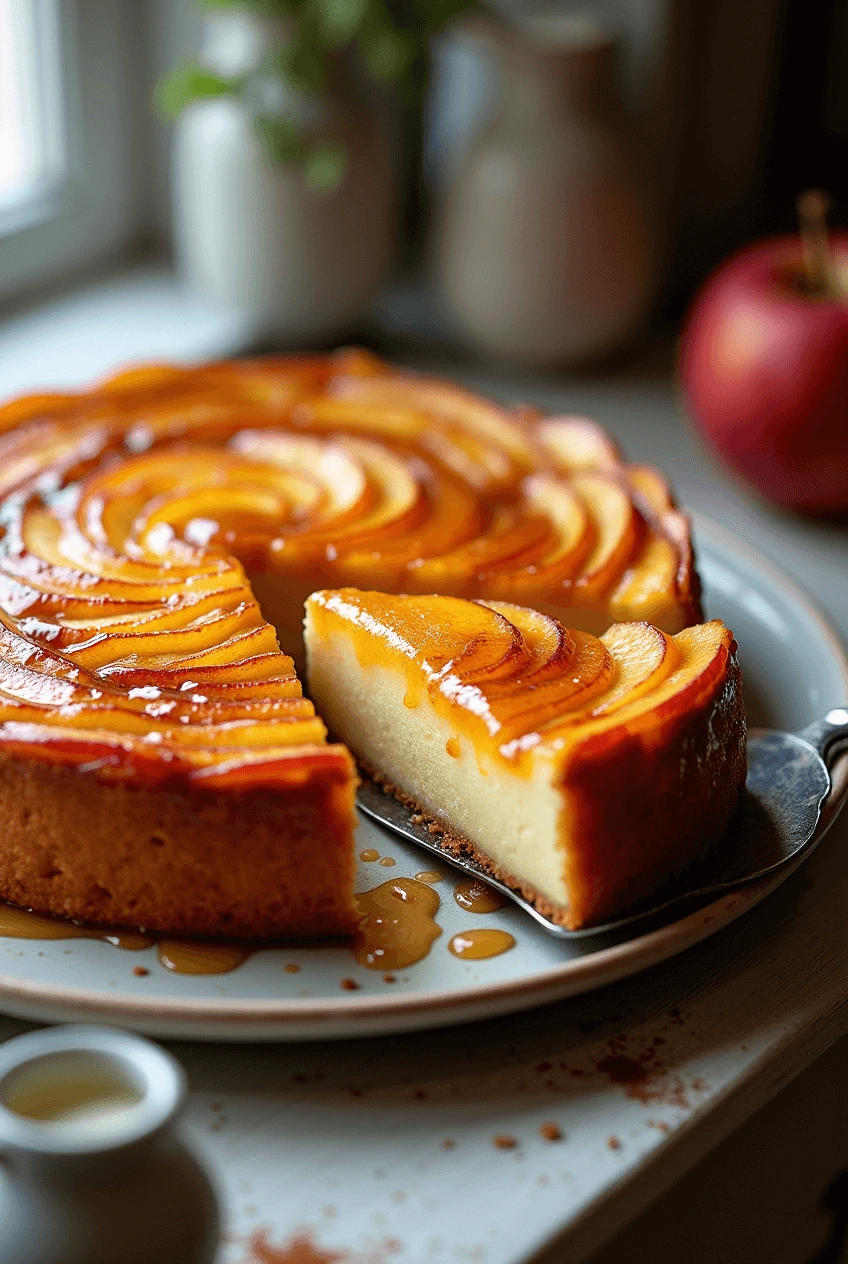 Apple flan cake with a slice being removed, showing creamy custard interior and caramelized apple spiral topping.