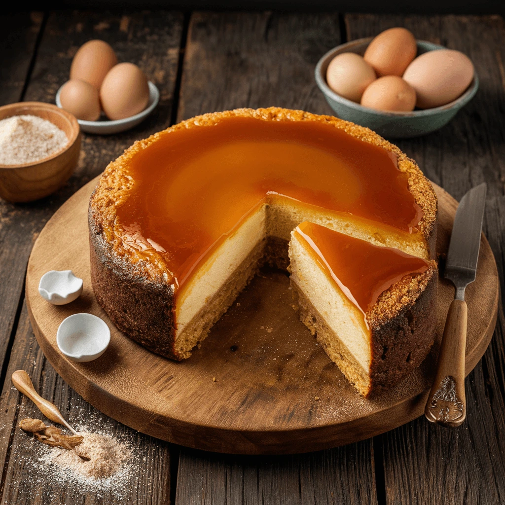 Magic Cake with Salted Butter Caramel on a wooden board, sliced to reveal three layers, with a caramel glaze on top. A piece is placed beside it, surrounded by baking ingredients like eggs, flour, and sugar.