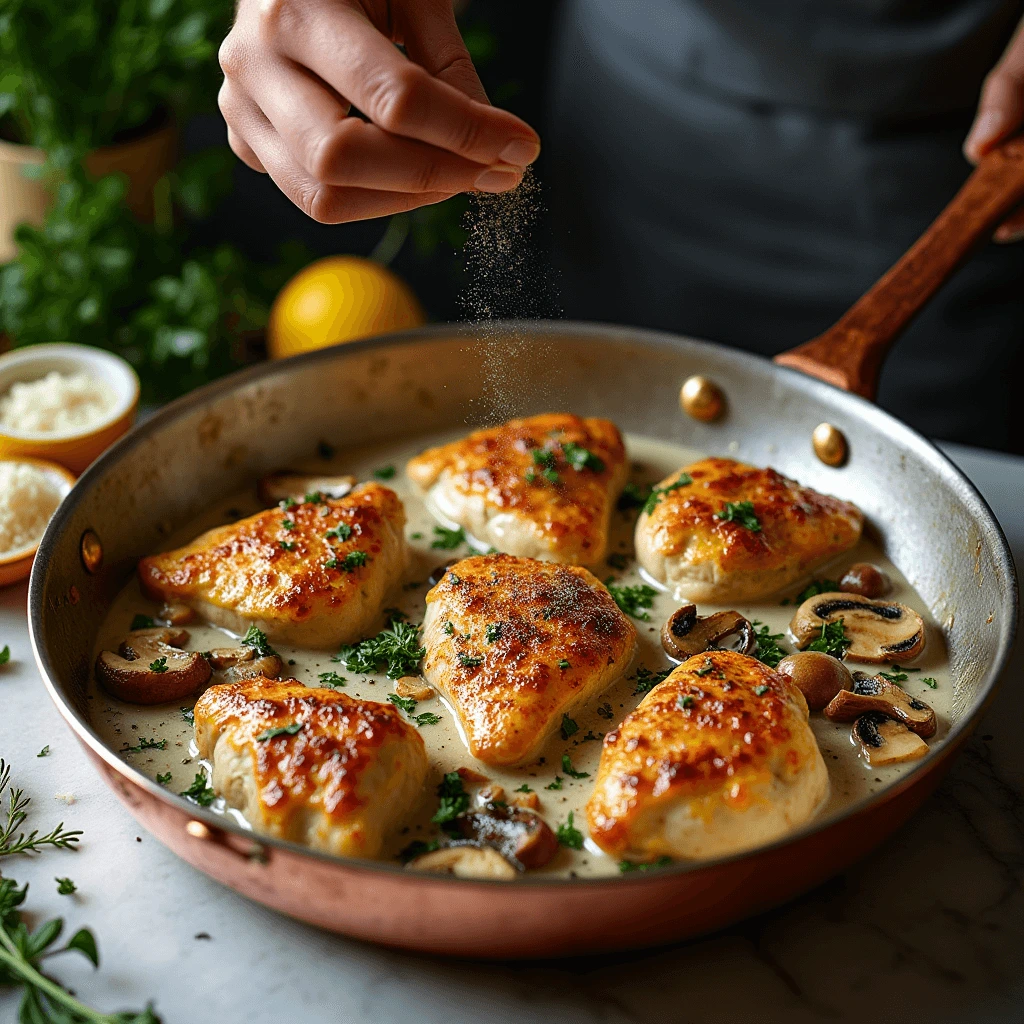 Chicken breasts simmering in a creamy mushroom sauce with fresh thyme in a cast iron skillet.