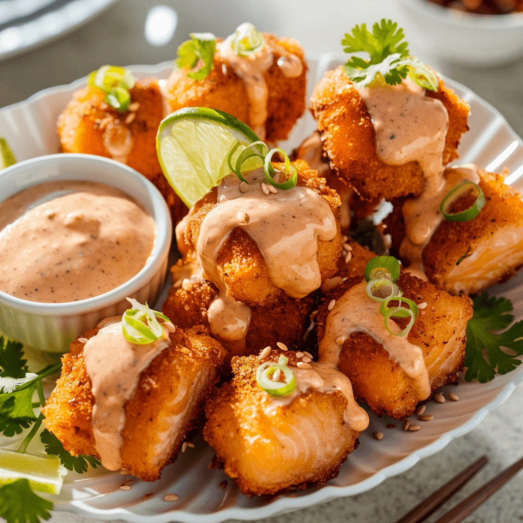 A plate of crispy salmon bites served with a spicy dipping sauce in a small bowl. The salmon bites are topped with sesame seeds, sliced scallions, and fresh cilantro, with lime wedges on the side.