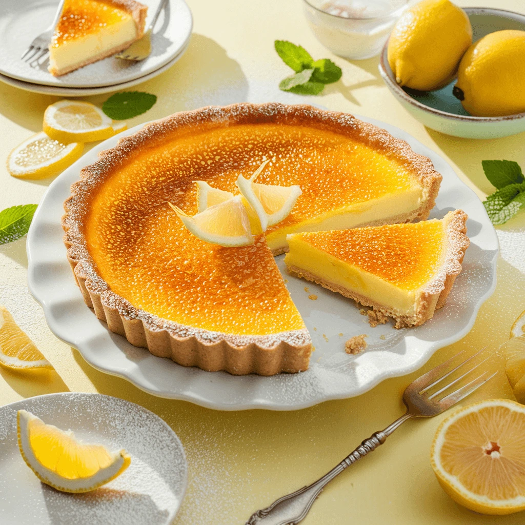 Lemon Crème Brûlée Tart with a slice taken out, topped with brûléed sugar and lemon wedges.
