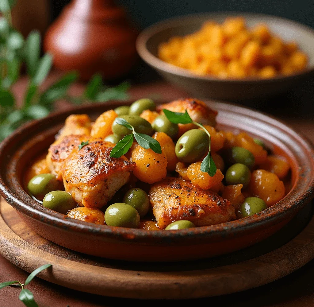 Traditional Moroccan chicken tagine with green olives and preserved lemons in a clay dish.
