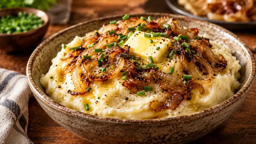 Rustic bowl of caramelized onion mashed potatoes topped with golden onions and fresh herbs, surrounded by autumn-themed table decor.