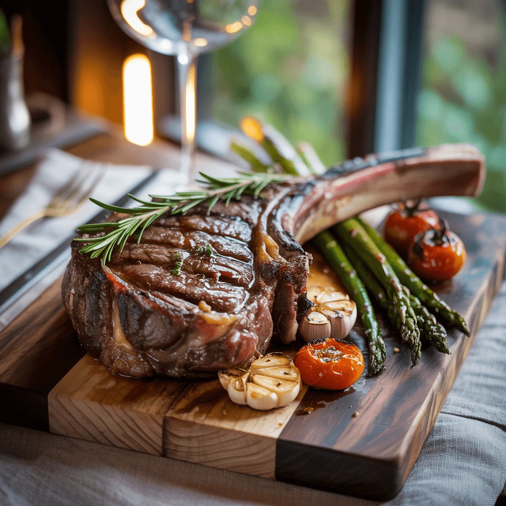 A perfectly grilled Tomahawk steak served on a wooden board with roasted garlic, asparagus, cherry tomatoes, and a sprig of rosemary.