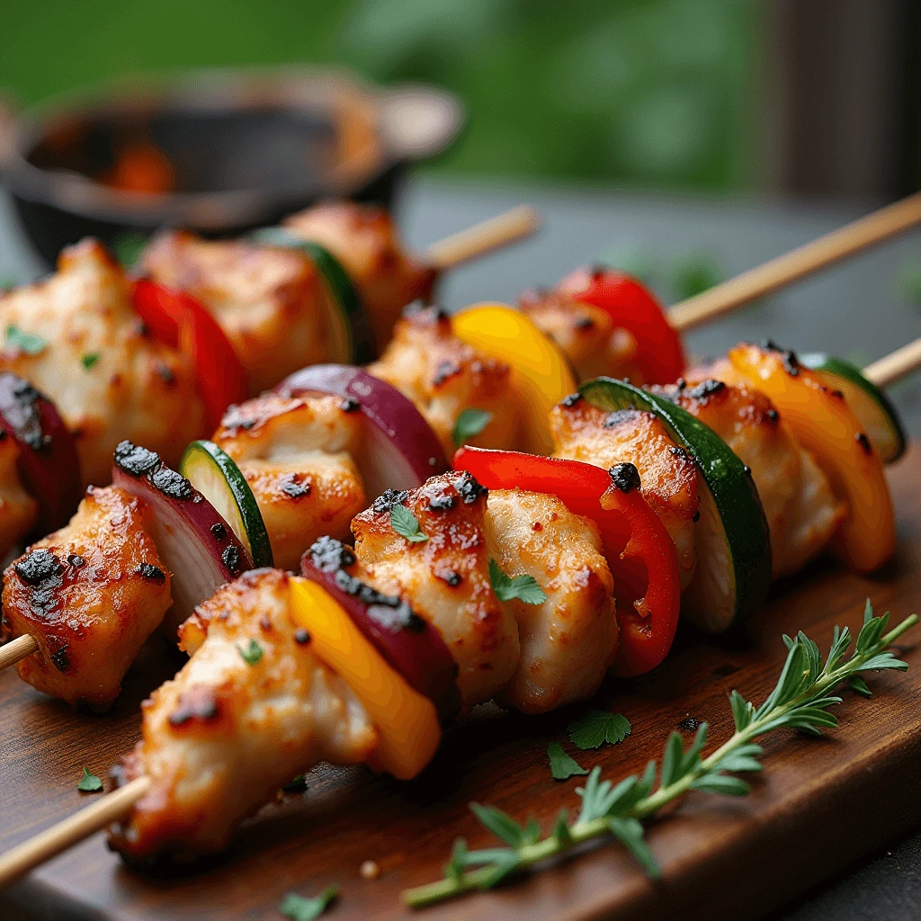 Sticky BBQ chicken skewers with perfect grill marks on black steel grat