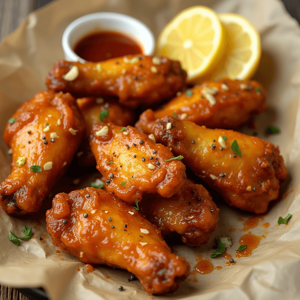 Close-up of crispy honey lemon pepper wings garnished with lemon slices and cracked black pepper.