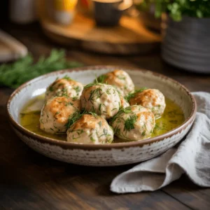 A beautifully arranged platter of lemon chicken ricotta meatballs served with fresh herbs and a sprinkle of grated cheese.