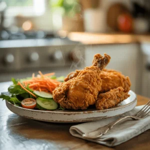 Crispy homemade fried chicken with fresh salad on a rustic plate, served on a wooden table in natural daylight.