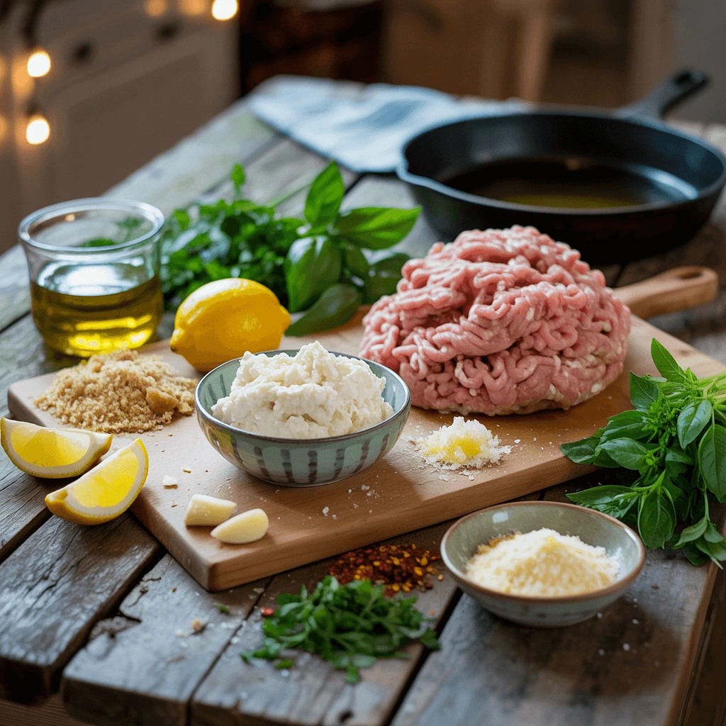 Fresh ingredients for lemon chicken ricotta meatballs arranged on a rustic wooden table, including ground chicken, ricotta cheese, lemon wedges, garlic cloves, fresh basil and parsley, olive oil, breadcrumbs, grated cheese, and red pepper flakes, with a cast iron skillet in the background.
