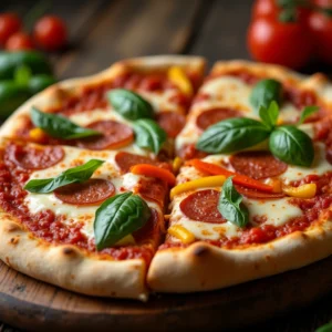 Homemade pepperoni pizza with fresh basil and bell peppers on a wooden board