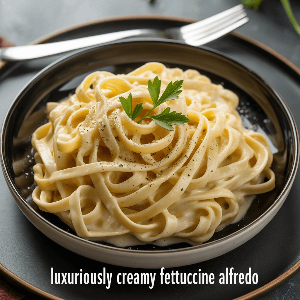 A serving of creamy fettuccine Alfredo pasta topped with a sprig of fresh parsley and a sprinkle of black pepper, presented in a black bowl on a black plate. The text at the bottom reads, "luxuriously creamy fettuccine alfredo