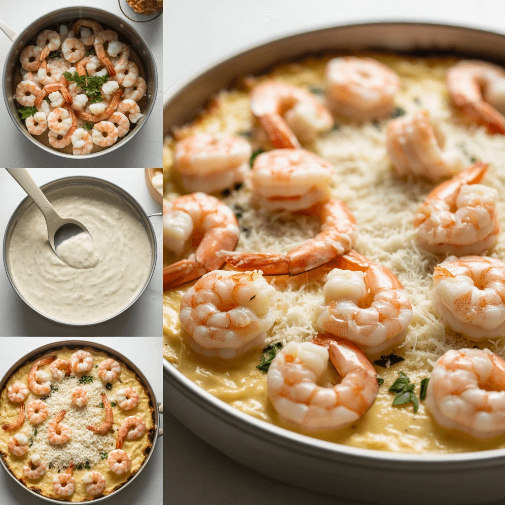 Step-by-step preparation of shrimp gratin: raw shrimp in a baking dish with herbs, creamy white sauce being poured, shrimp arranged on top of the sauce, and a close-up of the finished gratin topped with grated cheese.

Questions liées
What makes this shrimp gratin look so appetizing and golden
How can I recreate this shrimp gratin at home with similar results
What are the key ingredients that give this shrimp gratin its flavor
Why is the presentation of this shrimp gratin so appealing visually
How does the cooking method affect the texture of this shrimp gratin
