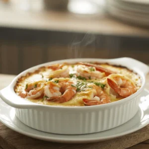 Golden-baked shrimp gratin in a ceramic dish, topped with melted cheese and fresh herbs, just out of the oven.