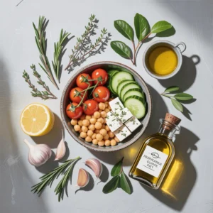 Overhead composition of Mediterranean diet staples including ripe tomatoes, cucumbers, Kalamata olives, whole grain bread, extra virgin olive oil bottle, feta cheese, and fresh basil on a rustic wooden table with natural lighting
