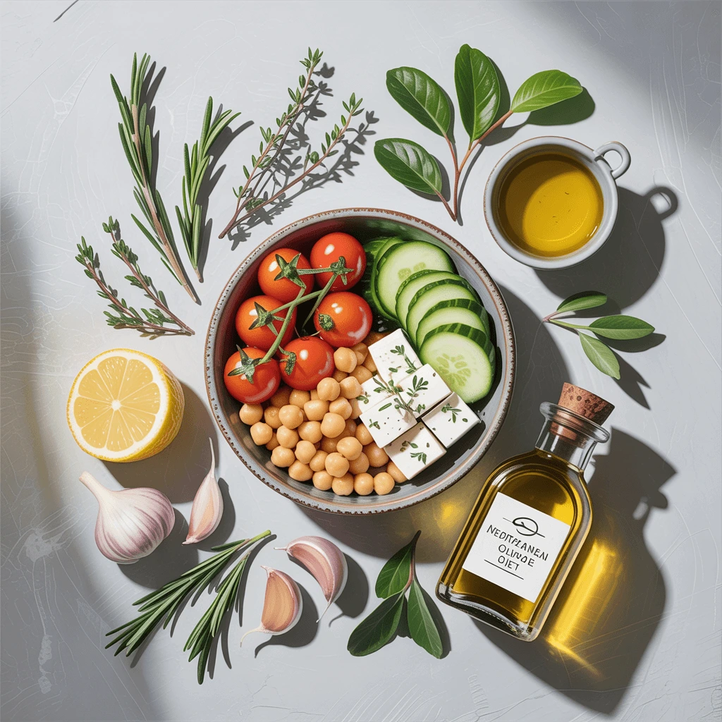 Overhead composition of Mediterranean diet staples including ripe tomatoes, cucumbers, Kalamata olives, whole grain bread, extra virgin olive oil bottle, feta cheese, and fresh basil on a rustic wooden table with natural lighting