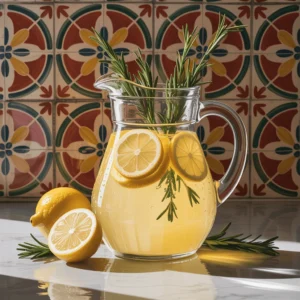 Glass pitcher of homemade Sicilian lemonade with fresh rosemary sprigs and Meyer lemon slices, condensation droplets on surface, golden sunlight