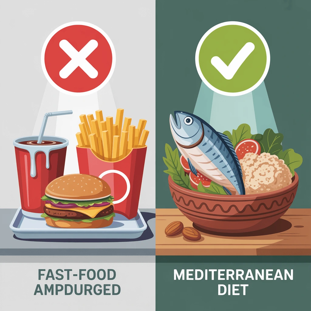 Split-screen illustration comparing unhealthy fast-food (burger, fries, soda) with heart-healthy Mediterranean diet (grilled fish, fresh vegetables, olive oil), showing the impact of dietary choices on long-term wellness.