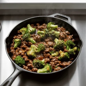 Juicy ground beef and crisp broccoli in glossy sauce with sesame seeds, served in cast iron skillet with chopsticks - quick 15-minute stir-fry meal"