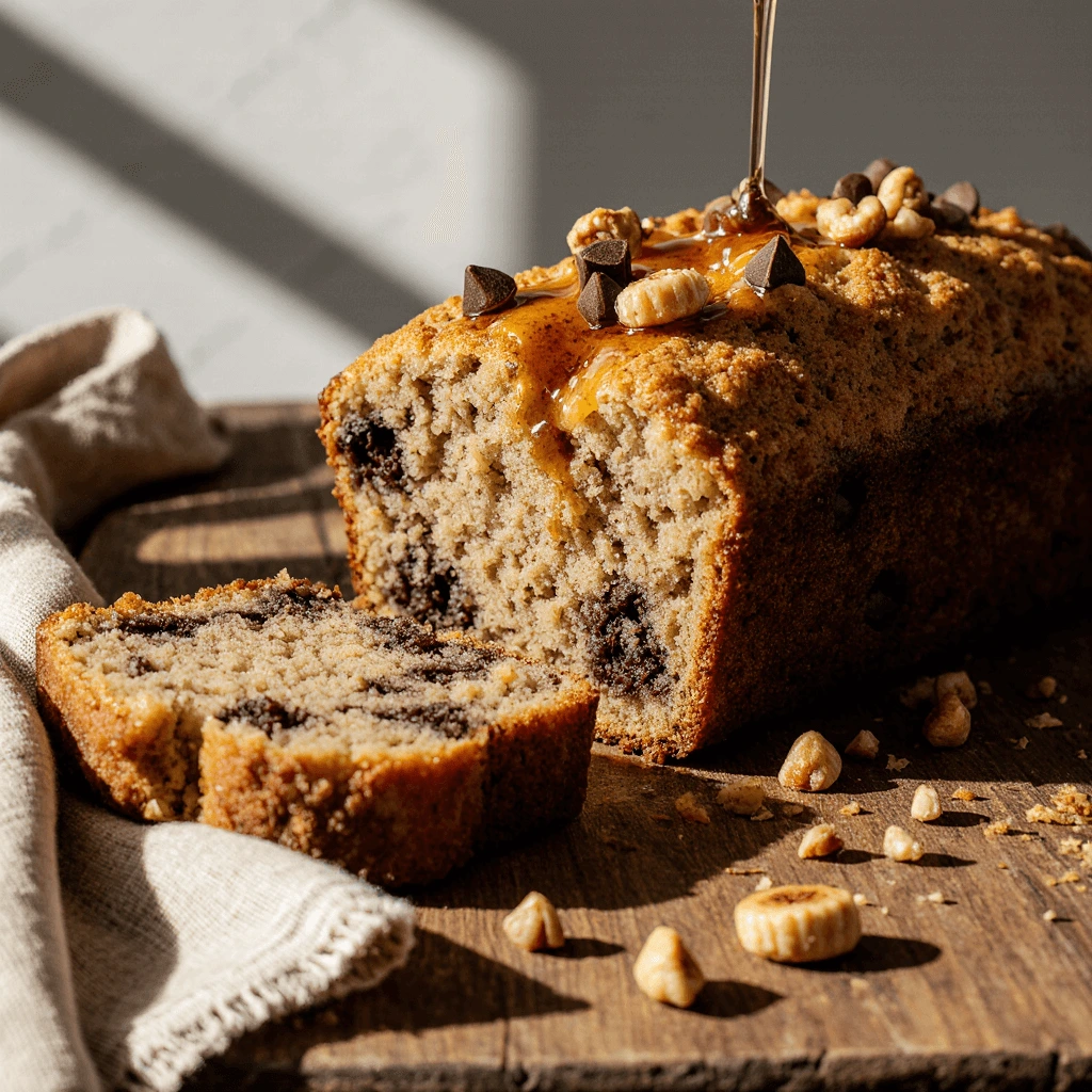 Ultra moist homemade banana bread slice with