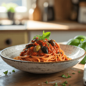 A portion of spaghetti puttanesca pasta in a white bowl, featuring a rich tomato sauce with kalamata olives, green olives, capers, and a garnish of fresh parsley.