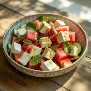 Watermelon-feta salad with fresh mint leaves and cucumber slices in a rustic ceramic bowl.
