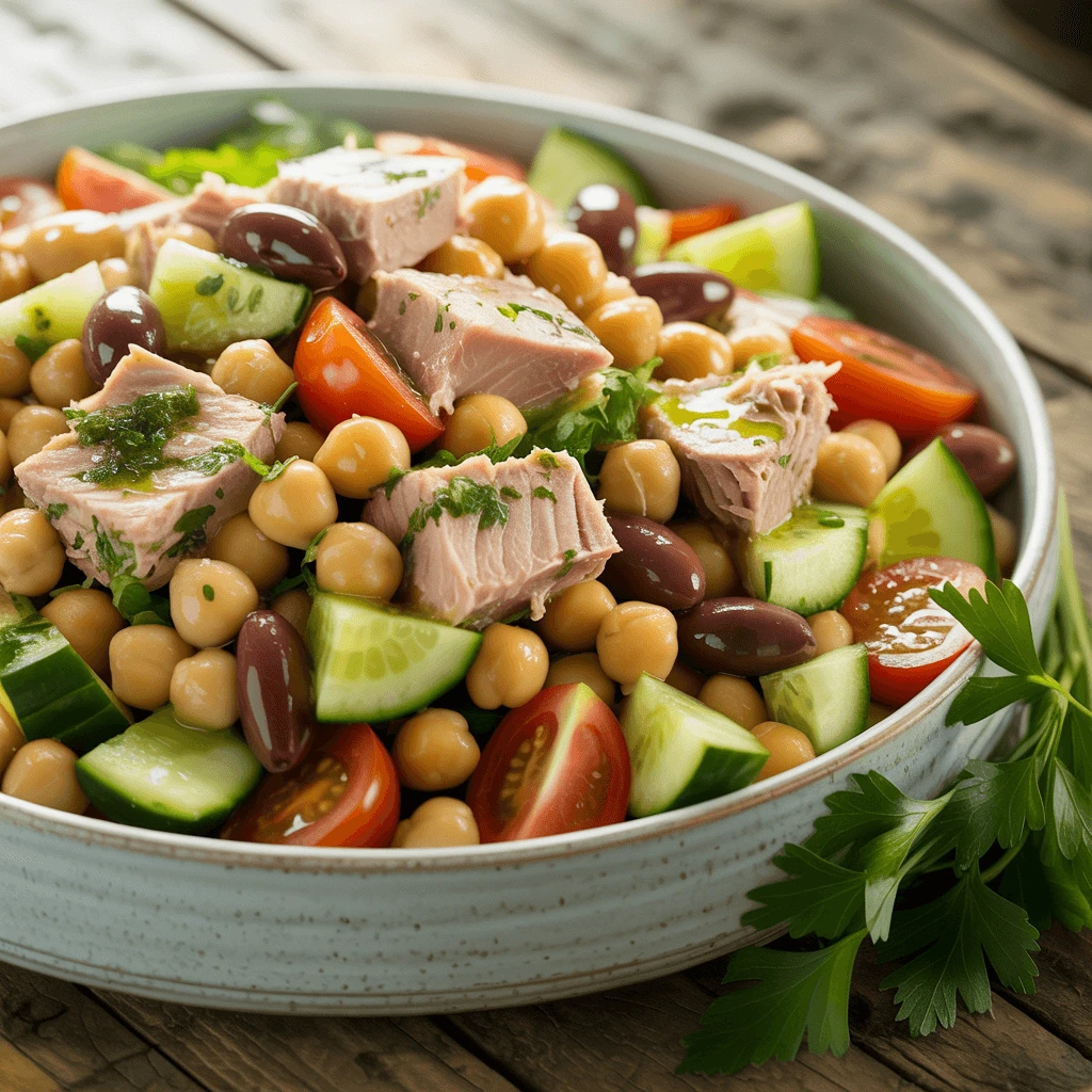 Fresh Mediterranean chickpea tuna salad without mayo served in a white bowl, topped with herbs and lemon.
