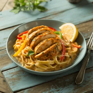 Creamy Cajun chicken pasta with sliced grilled chicken, , bell peppers, parsley, Parmesan, and a lemon wedge on a rustic wooden table.