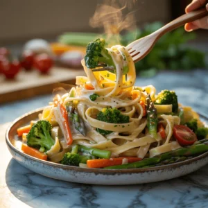 Steaming plate of creamy Pasta Primavera with asparagus, broccoli, cherry tomatoes, and carrots on a rustic ceramic dish, with a fork twirling pasta.